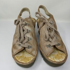 Fly London Women's Lace-Up Peep-Toe Comfort Wedge Sandals. Gold. Size 40.